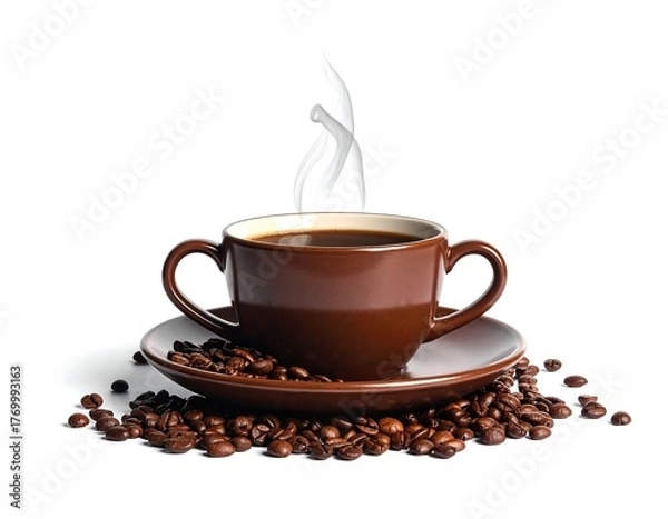 Obraz Cup of hot, dark liquid with steam, set on a saucer with roasted beans