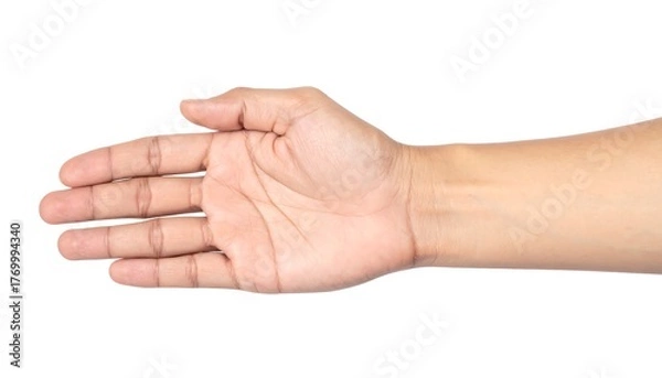 Fototapeta Close-up of a human hand, palm facing up, isolated on white background