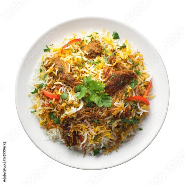 Obraz Savory rice dish with meat, cilantro, and peppers served on white plate