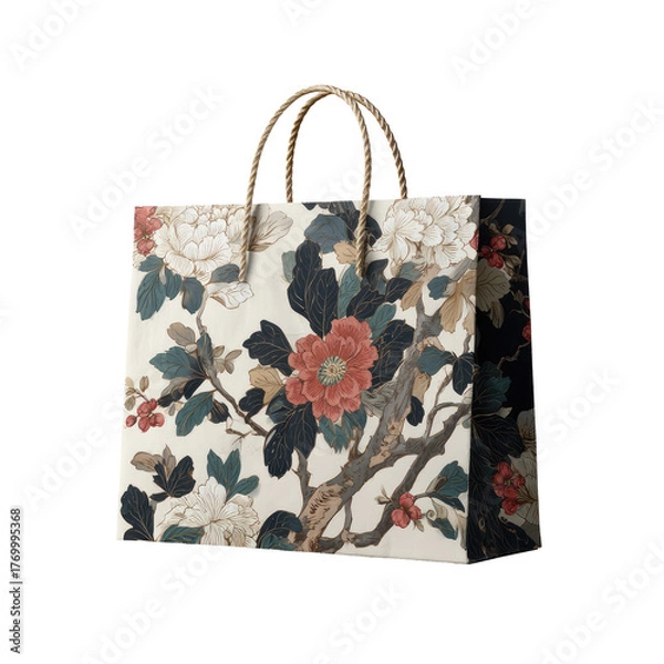 Fototapeta Floral shopping bag with rope handles on a black background