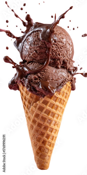Fototapeta Chocolate ice cream cone with a splash on a black background