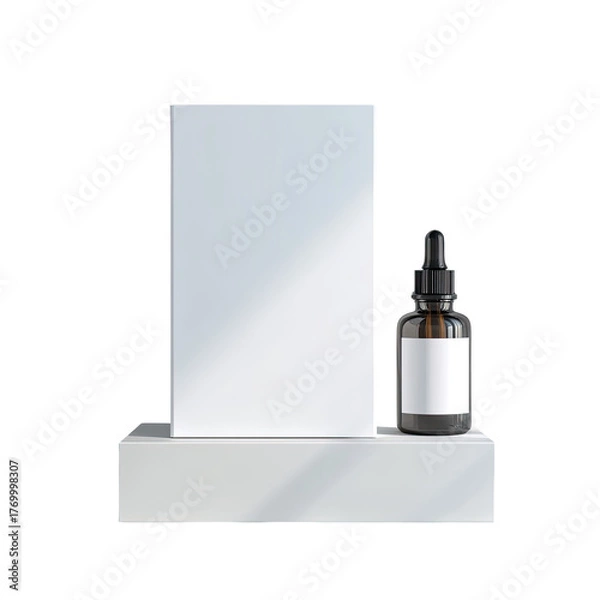 Obraz Serum bottle and box on base, minimal lighting, dark background