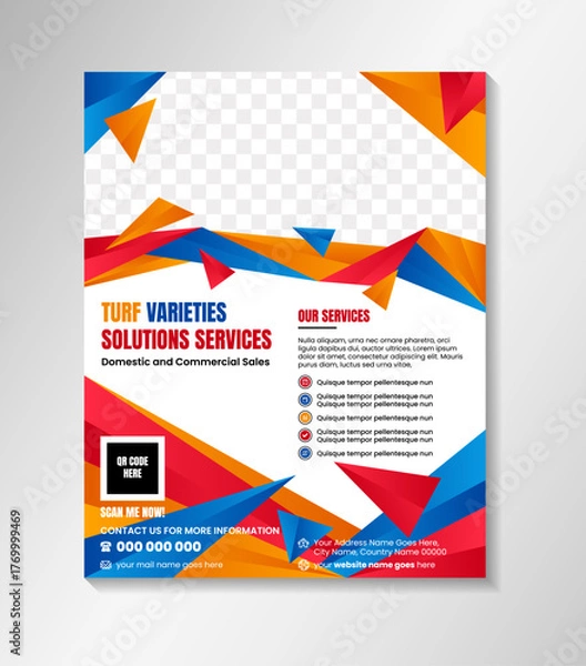 Obraz turf varieties solution services flyer design template on vertical layout. vector illustration banner with space for photo. colorful low poly concept. polygonal design wth gradient color elements