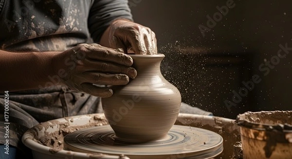 Fototapeta A close-up on the muddy, skillful hands of a potter shaping a clay vase on a spinning wheel, illustrating traditional craftsmanship and ceramic production