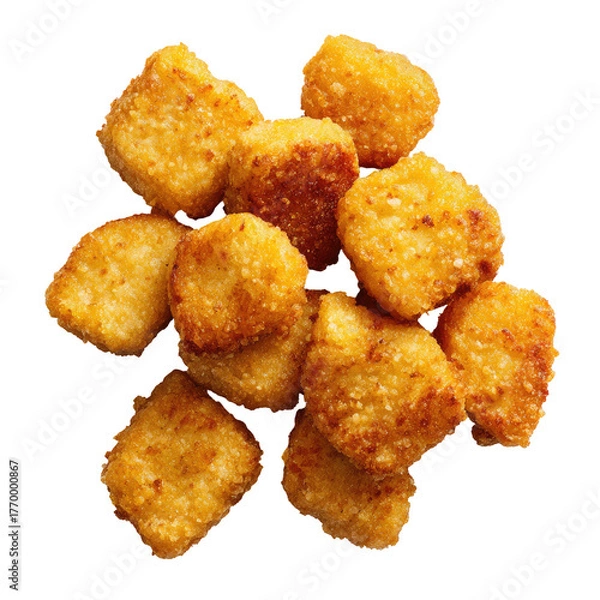 Fototapeta Pile of crispy, golden-brown, breaded food pieces on a dark backdrop