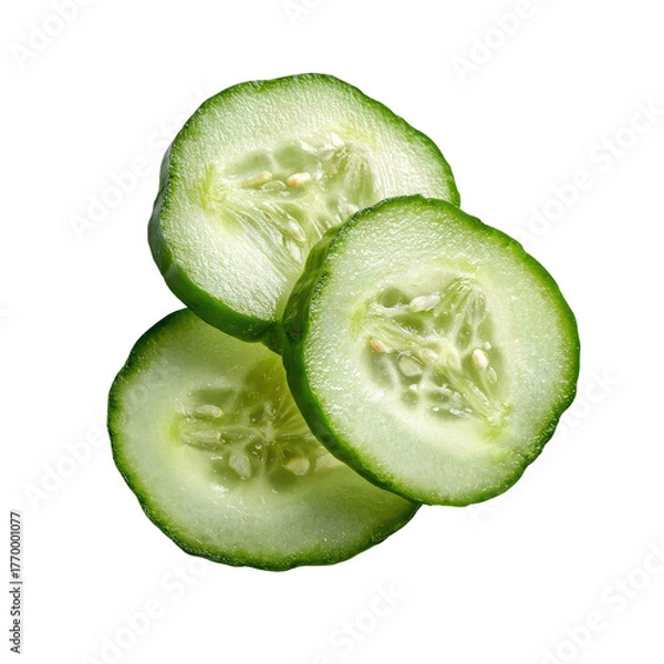 Fototapeta Three juicy, vibrant green cucumber slices stacked on black background