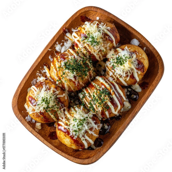 Obraz Takoyaki balls on a wooden plate, drizzled with sauces and seasonings