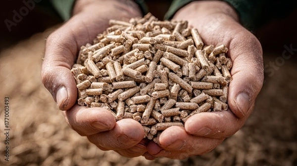Obraz Hands holding cylindrical feed pellets with soft blurred background.