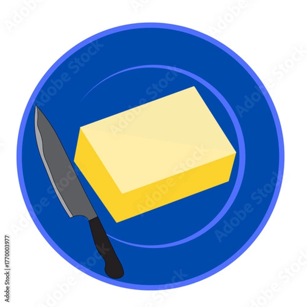 Obraz butter slice on plate with knife to cut eatable bakery items .eps