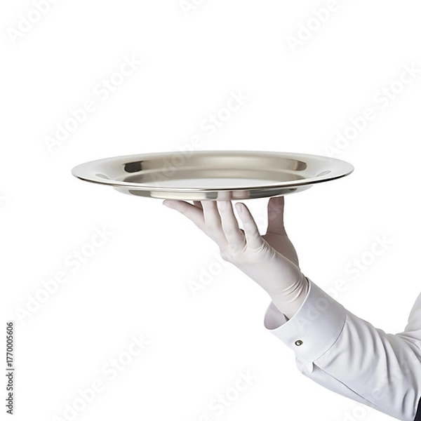 Obraz Elegant hand serving food on silver platter isolated