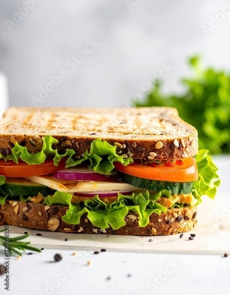 Fototapeta Delicious Vegetarian Sandwich with Fresh Vegetables on Whole Wheat Bread.