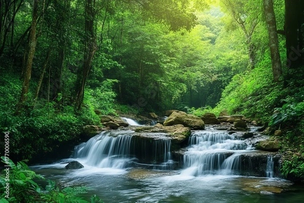 Fototapeta Lush green forest with cascading waterfall