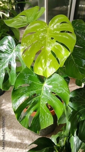 Fototapeta Lush green monstera plant with large, patterned leaves