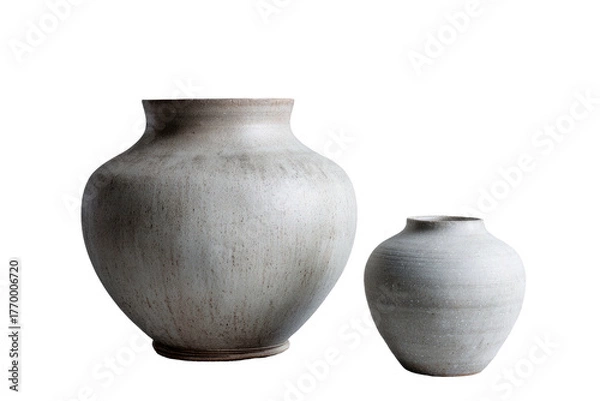 Fototapeta Two clay vases, off-white and gray tones, on a solid dark backdrop