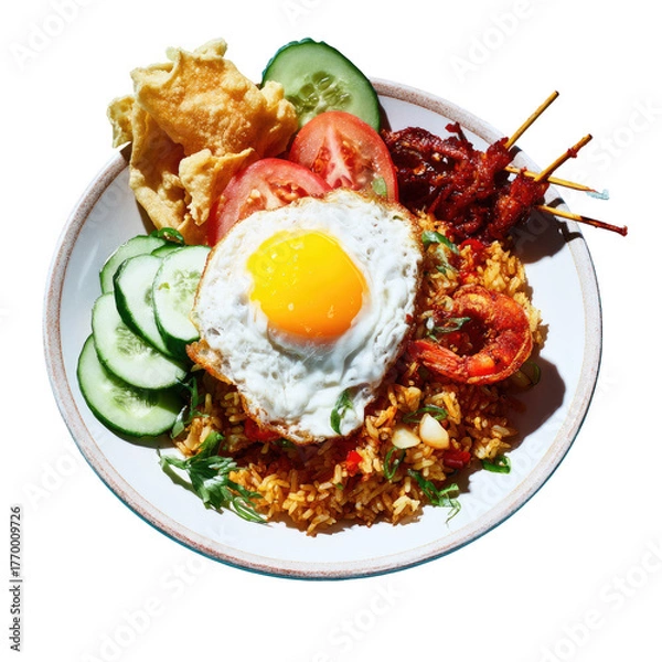 Fototapeta Fried rice bowl with egg, shrimp, skewers, chips, and vegetables