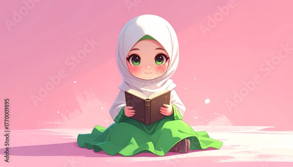 Fototapeta Cute Muslim Girl Reading Holy Book While Sitting on Pink Background