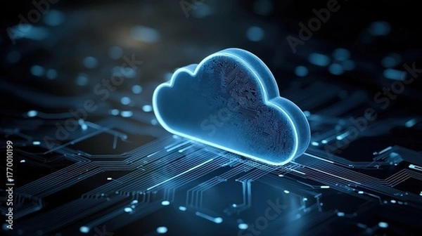 Obraz A glowing cloud symbol over a circuit board background, representing cloud computing and technology.