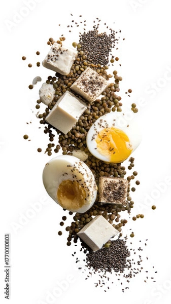 Fototapeta Eggs, tofu, and lentils on black background, top view, vertical shot