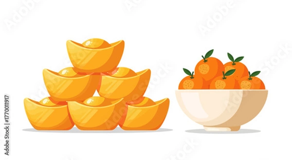 Fototapeta A vibrant illustration featuring gold ingots stacked and a bowl of fresh oranges, symbolizing prosperity.
