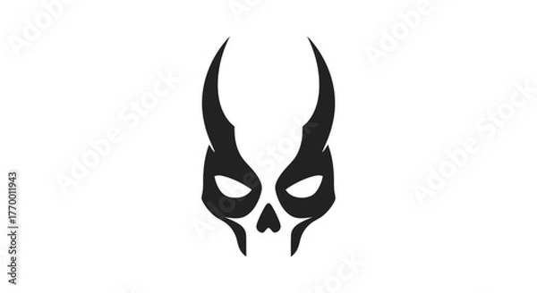 Fototapeta black horned skull mask with sharp horns and glowing white eyes representing dark fantasy danger power gaming logos.
