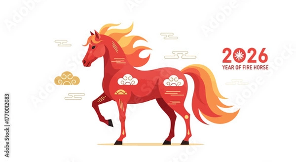 Obraz A vibrant illustration of a red horse with a fiery mane and tail, symbolizing the Year of the Fire Horse in 2026, adorned with traditional Chinese cloud motifs.