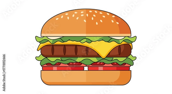Obraz Hamburger with lettuce, tomatoes, and cheese. Suitable for foodrelated designs, menus, and advertising materials targeting children.