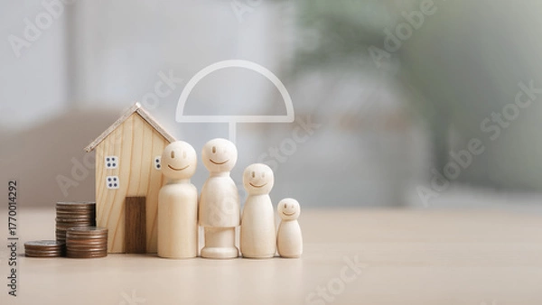 Fototapeta family, insurance, savings, protection, Wooden family figures with a house and coins under umbrella icon, symbolizing insurance protection, financial planning, and family savings for a secure future.