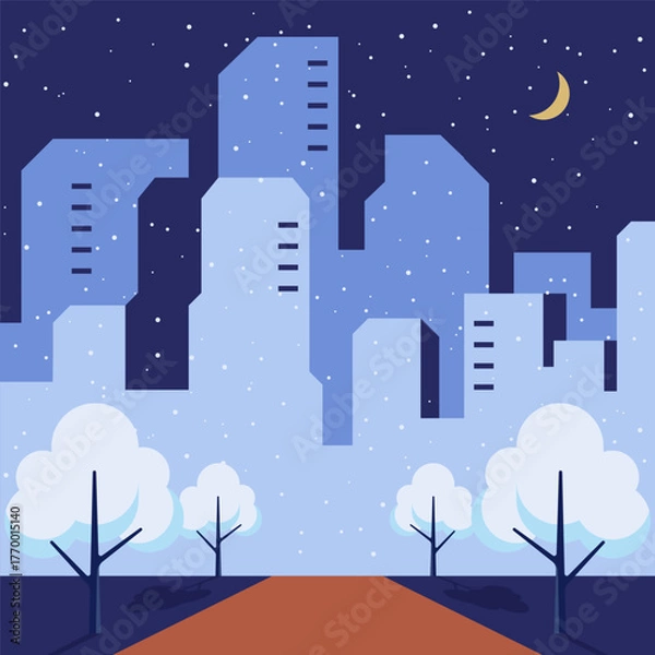 Fototapeta Winter night urban cityscape scenery with skyline landscape and snowy park background. Minimalist flat design style