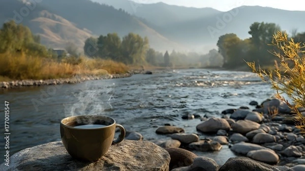 Fototapeta Steaming coffee cup placed on natural stone near flowing river, mountain backdrop covered in soft morning haze