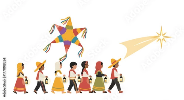 Fototapeta A group of children holding lanterns walking toward a shining star with a colorful piñata floating above