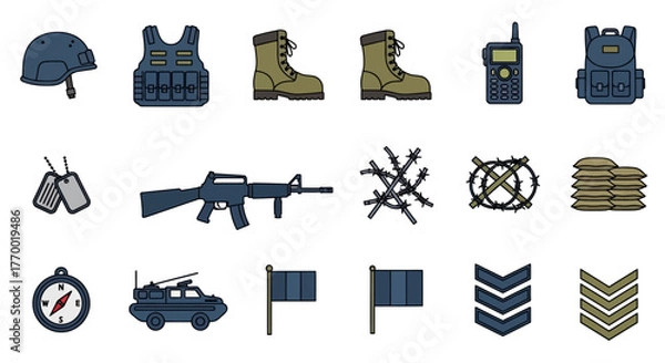 Fototapeta Military equipment icons set featuring helmet vest boots rifle radio vehicle flags and rank insignia. EPS Editable