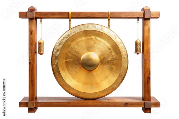 Fototapeta Golden gong on a wooden frame isolated on transparent background