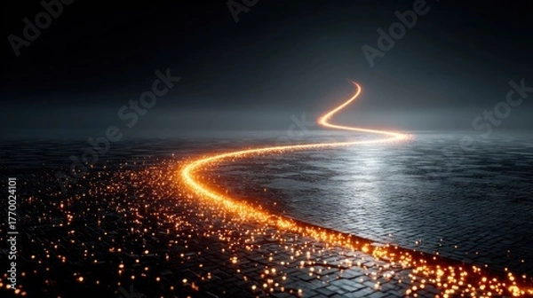 Fototapeta A mesmerizing, glowing path winds through a dark, futuristic landscape