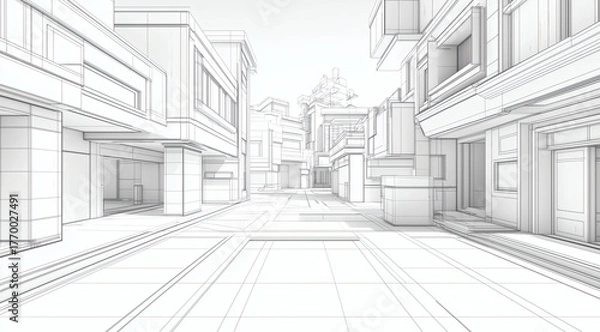 Fototapeta Minimalist wireframe city street, modern building facades, clean perspective and urban geometry for architectural illustration.