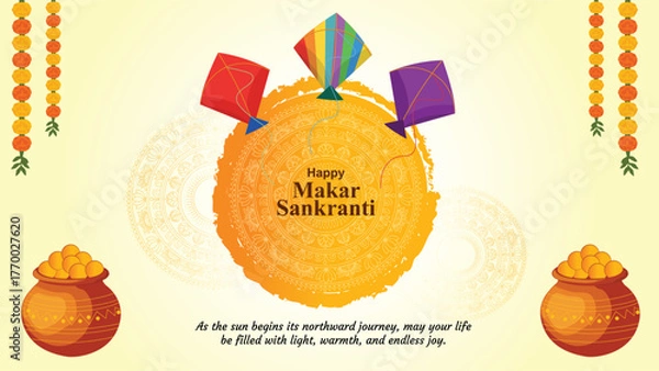 Obraz Happy Makar Sankranti festival with colorful kites and pots of sweets India vector