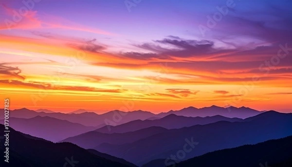 Fototapeta Vibrant Sunset Over Mountain Range Scenic Landscape with Orange  Purple Hues.