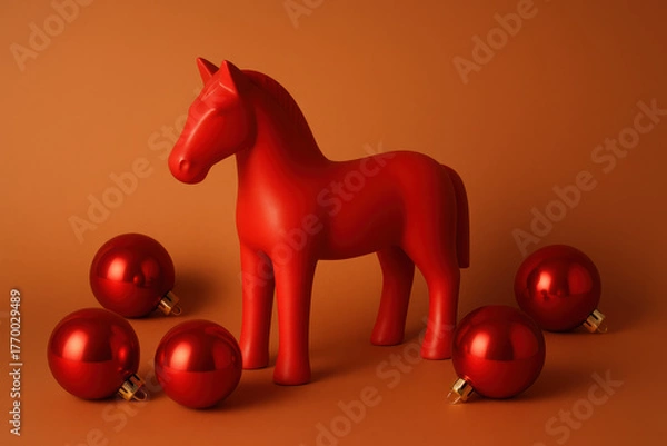 Fototapeta Red Horse with Baubles on Warm Background – Year of the Horse