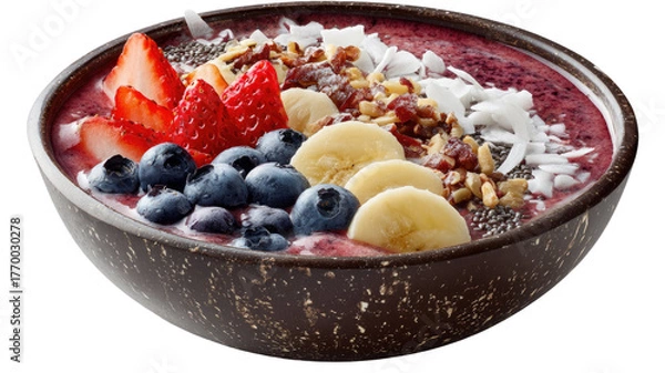 Fototapeta Healthy bowl of muesli with fresh berries, nuts and oats showing natural breakfast ingredients and texture, isolated on white background