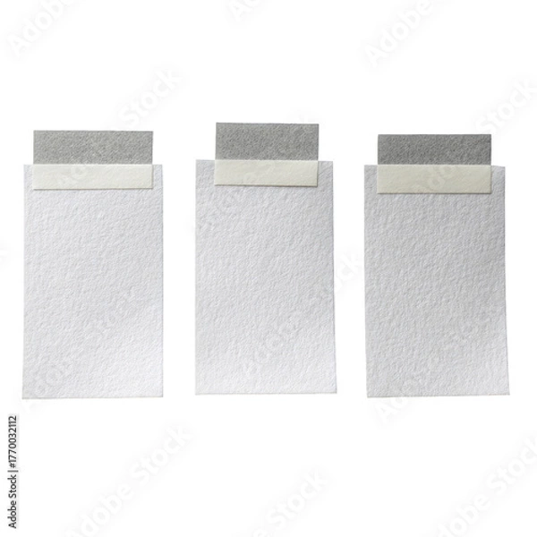 Fototapeta Three textured paper sheets, taped, against a dark background