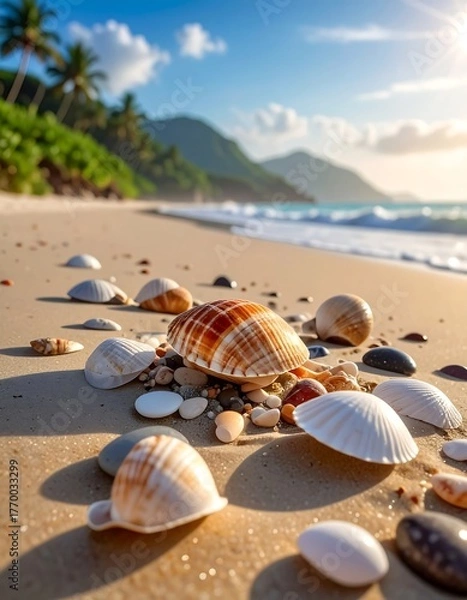 Obraz Seashells scattered on golden sand with ocean waves and distant mountains
