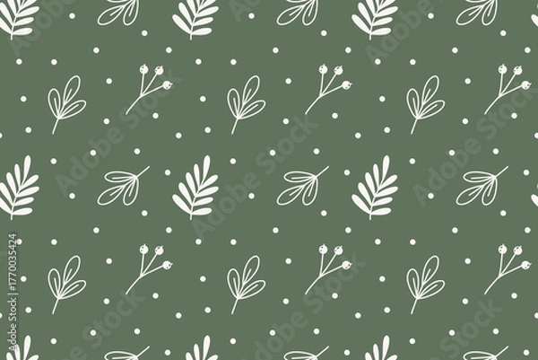 Obraz Minimalistic botanical seamless pattern. Hand-drawn, white elements on green background. Suitable for seasonal, Christmas, eco-friendly projects, textile design, gift wrapping, wallpaper, stationery