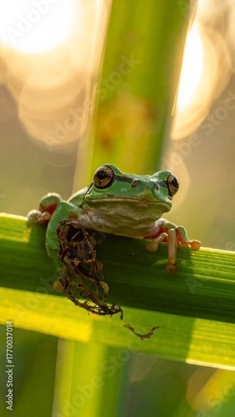 Fototapeta Green Tree Frog Perched on a Reed in Natural Light.