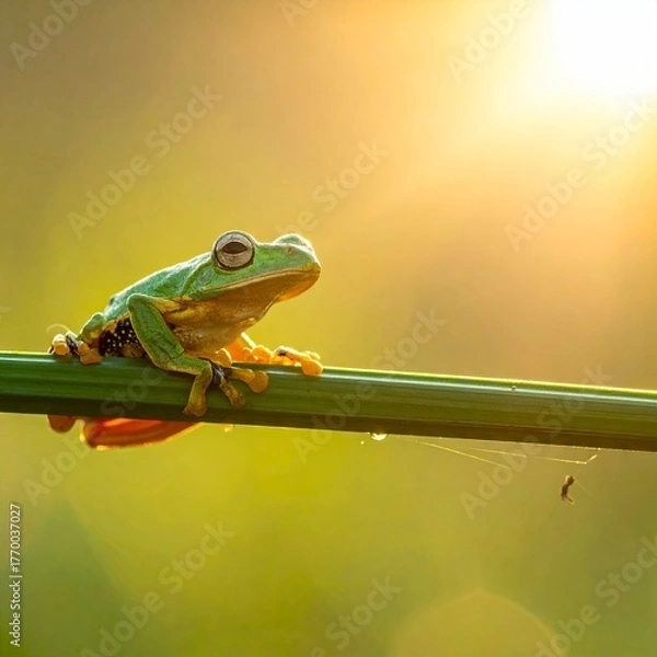 Fototapeta Green Tree Frog Perched on a Stem in Natural Light.