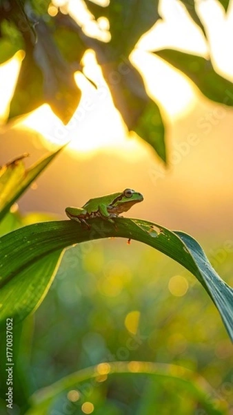 Fototapeta Green Tree Frog Perched on Leaf in Golden Light.