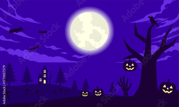 Obraz Dark Forest with Pumpkins, Bats, and Crow under Moonlight
