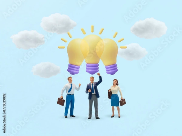 Fototapeta Teamwork Sparks Innovation in a Sky of Ideas, Miniature Businesspeople under glowing light bulbs floating in clouds