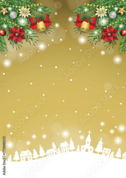 Fototapeta クリスマス背景、町並みシルエット、金、かわいい、イラスト、縦