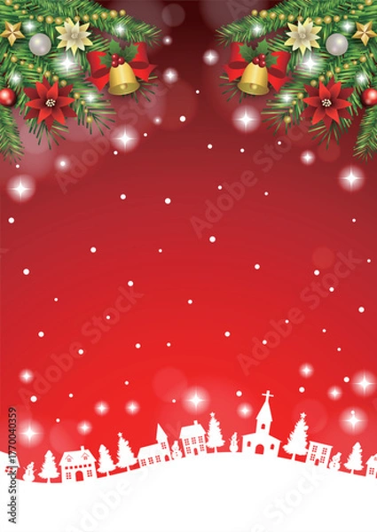 Fototapeta クリスマス背景、町並みシルエット、赤、かわいい、イラスト、縦