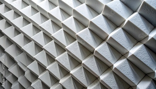 Fototapeta Textured surface of light grey acoustic foam panels arranged in a repetitive geometric pattern, designed for soundproofing and audio clarity in modern spaces, offering effective noise control