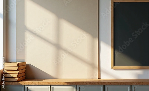 Fototapeta Minimalist interior with wooden boxes, blank wall panels, and sunlight casting soft window shadows across the surface.